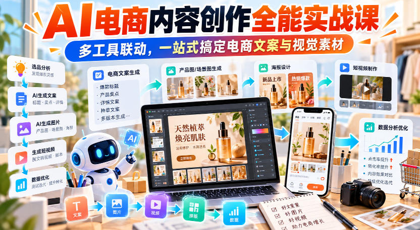 【无水印】AI电商内容创作全能实战课｜多工具联动，一站式搞定电商文案与视觉素材-爱搭资源网