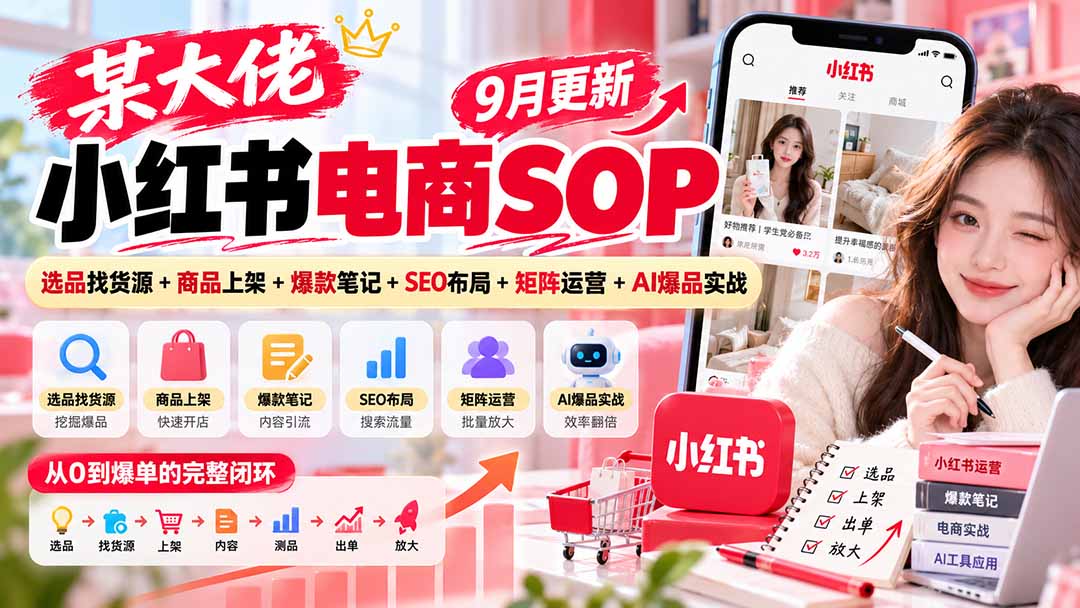 某大佬小红书电商SOP｜9月更新：选品找货源+商品上架+爆款笔记+SEO布局+矩阵运营+AI爆品实战-爱搭资源网