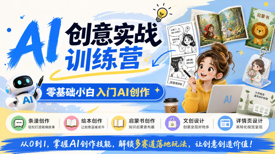 AI创意实战训练营，零基础小白入门AI创作，解锁条漫、绘本、启蒙书、文创、详情页多赛道落地玩法-爱搭资源网