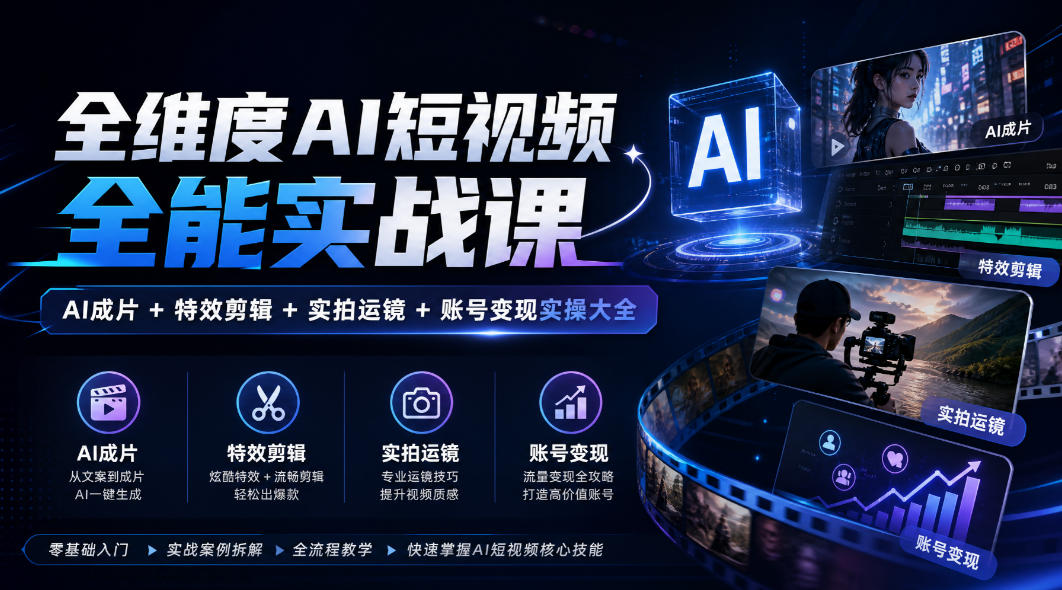 全维度AI短视频全能实战课，AI成片+特效剪辑+实拍运镜+账号变现实操大全-爱搭资源网