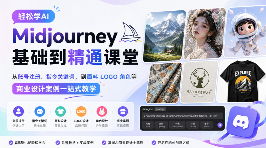 轻松学AI Midjourney基础到精通课堂，从账号注册、指令关键词，到面料LOGO角色等商业设计案例一站式教学-爱搭资源网