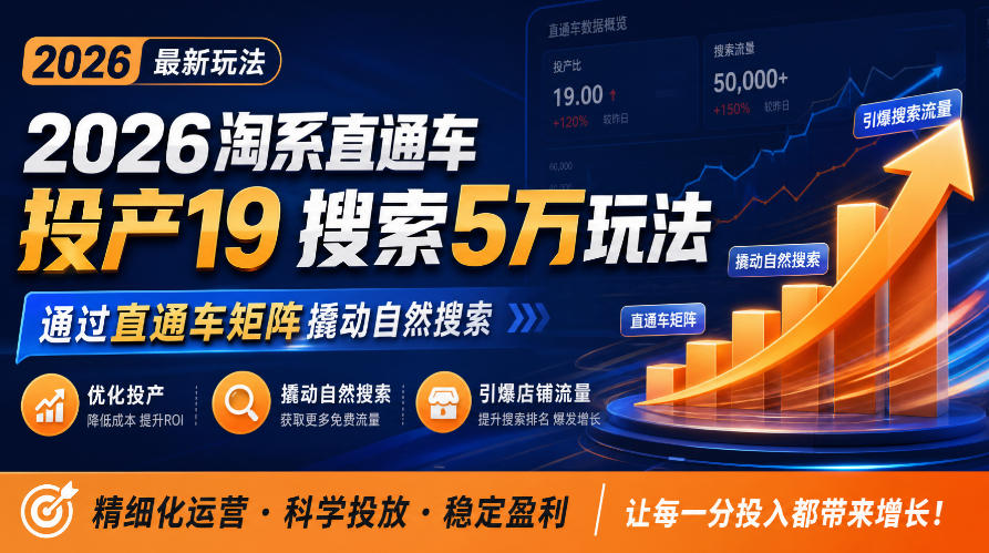 2026淘系直通车投产19搜索5万玩法，通过直通车矩阵撬动自然搜索，帮助商家优化投产，引爆店铺搜索流量-爱搭资源网