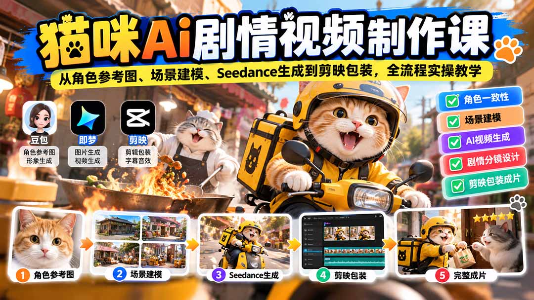 猫咪AI剧情视频制作课：从角色参考图、场景建模、Seedance生成到剪映包装，全流程实操教学-爱搭资源网