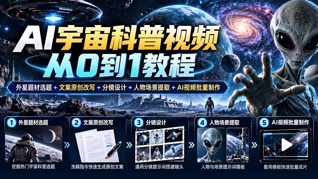 AI宇宙科普视频从0到1教程｜外星题材选题+文案原创改写+分镜设计+人物场景提取+AI视频批量制作-爱搭资源网