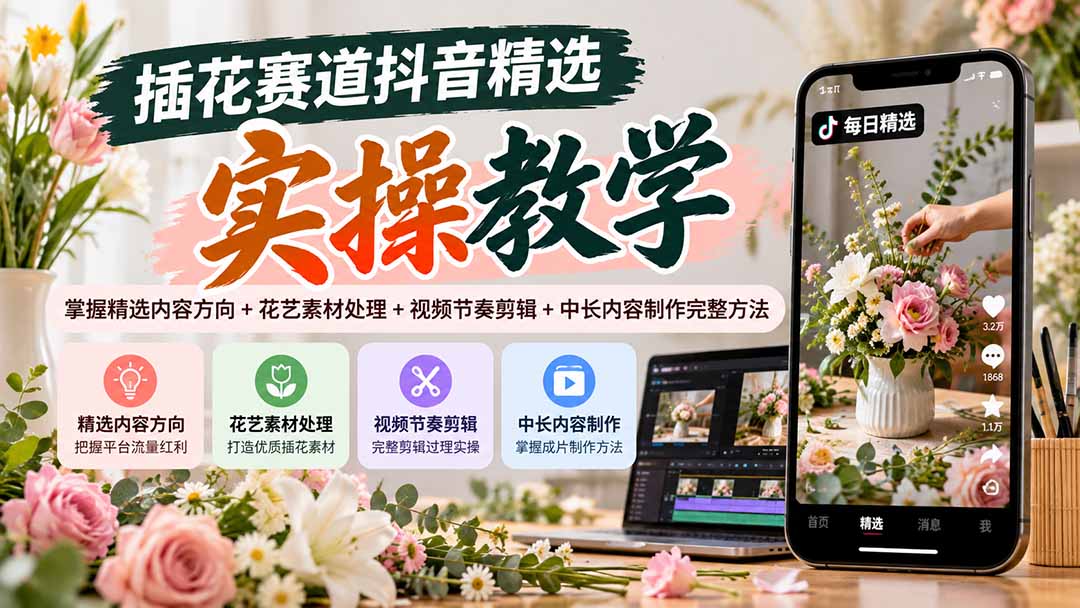 插花赛道抖音精选实操教学：掌握精选内容方向+花艺素材处理+视频节奏剪辑+中长内容制作完整方法-爱搭资源网