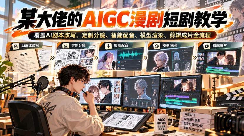 某大佬的AIGC漫剧短剧教学，覆盖AI剧本改写、定制分镜、智能配音、模型渲染、剪辑成片全流程-爱搭资源网