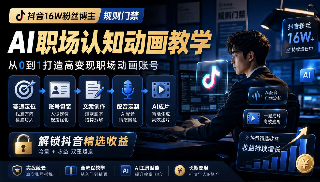 抖音16W粉丝博主规则门禁的AI职场认知动画教学，从赛道定位、账号包装，到文案创作、配音定制、AI成片，解锁抖音精选收益-爱搭资源网