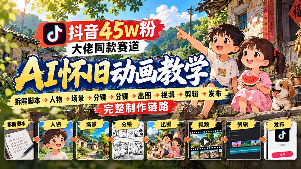 抖音45W粉大佬同款赛道AI怀旧动画教学：拆解脚本→人物→场景→分镜→出图→视频→剪辑→发布完整制作链路-爱搭资源网