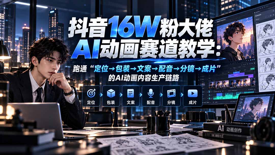 抖音16W粉大佬规则门禁AI动画赛道教学：跑通“定位→包装→文案→配音→分镜→成片”的AI动画内容生产链路-爱搭资源网