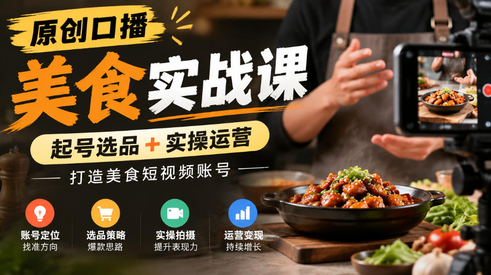 原创口播美食实战课，起号选品+实操运营，打造美食短视频账号-爱搭资源网