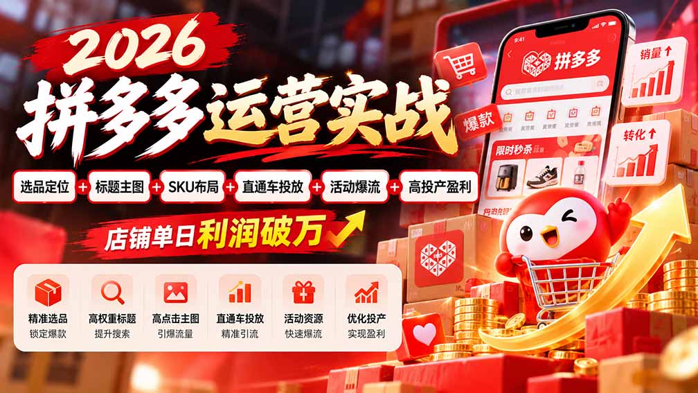 2026拼多多运营实战-更新1002：选品定位+标题主图+SKU布局+直通车投放+活动爆流+高投产盈利 店铺单日利润破万-爱搭资源网