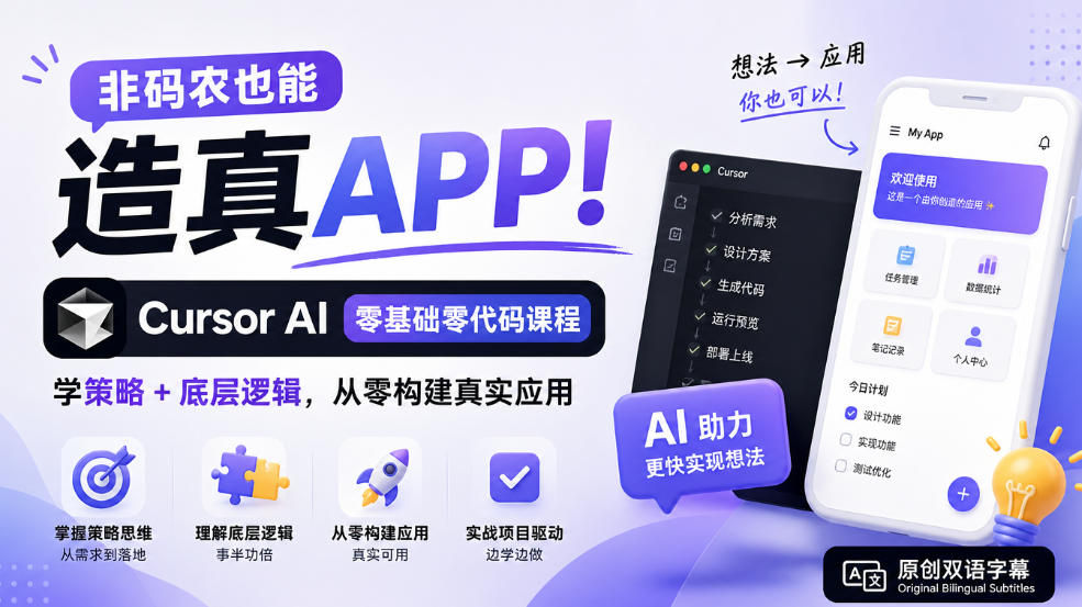 非码农也能造真APP！Cursor AI零基础零代码课程：学策略+底层逻辑，从零构建真实应用【原创双语字幕】-爱搭资源网