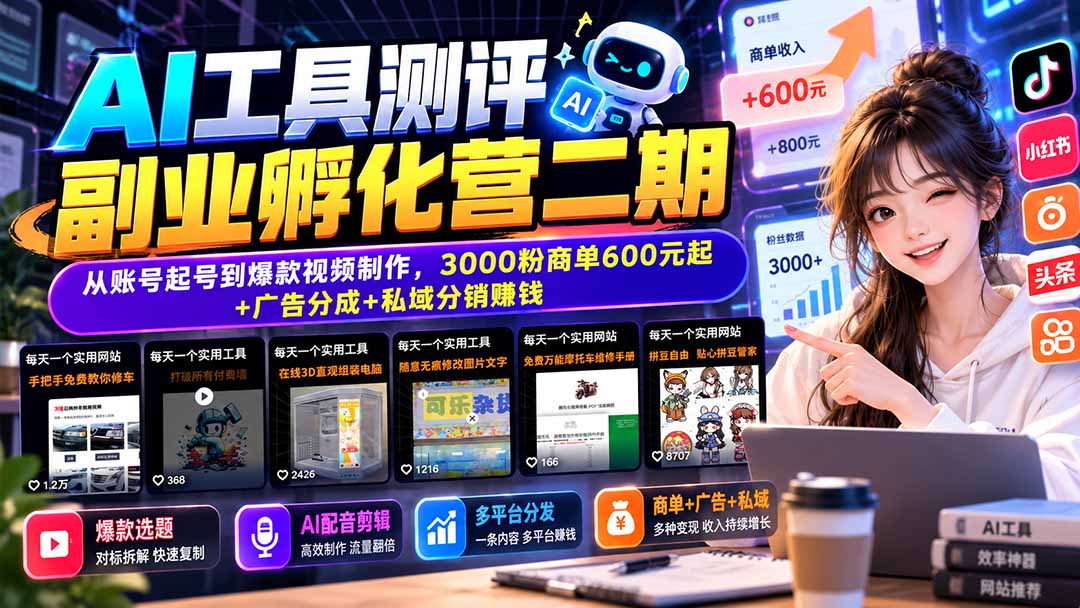 AI工具测评副业孵化营二期：从账号起号到爆款视频制作，3000粉商单600元起+广告分成+私域分销赚钱-爱搭资源网