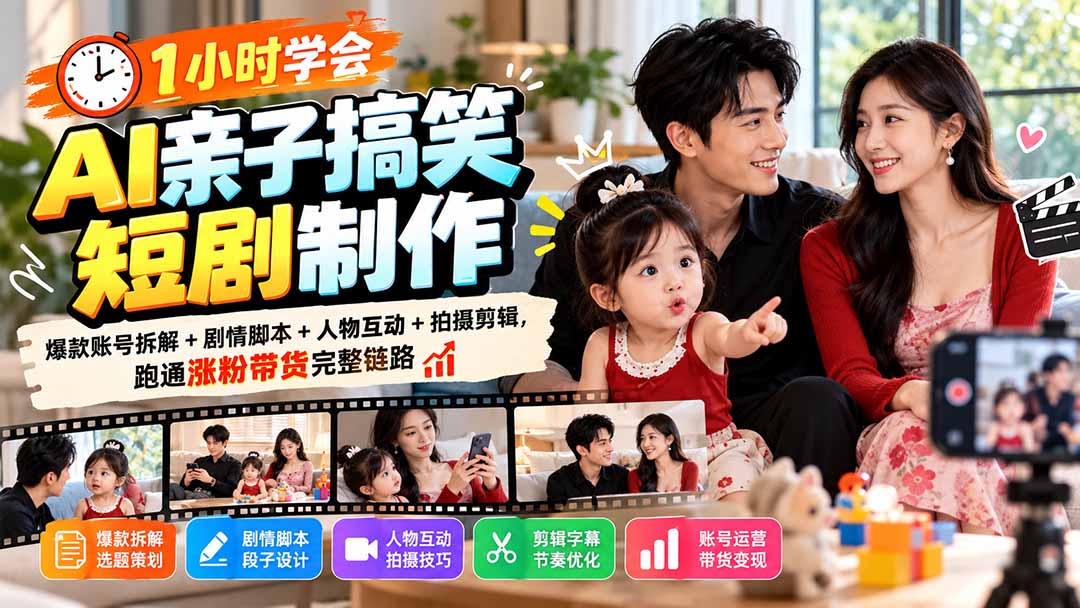 1小时学会AI亲子搞笑短剧制作：爆款账号拆解+剧情脚本+人物互动+拍摄剪辑，跑通涨粉带货完整链路-爱搭资源网