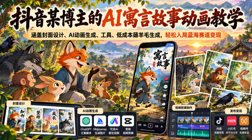 抖音某博主的AI寓言故事动画教学，涵盖封面设计、AI动画生成、工具、低成本薅羊毛生成，轻松入局蓝海赛道变现-爱搭资源网