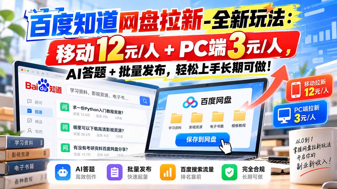百度知道网盘拉新-全新玩法：移动12元/人+PC端3元/人，AI答题+批量发布，轻松上手长期可做！-爱搭资源网
