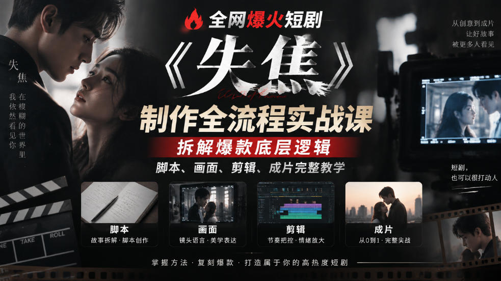 全网爆火短剧《失焦》制作全流程实战课｜拆解爆款底层逻辑，脚本、画面、剪辑、成片完整教学-爱搭资源网