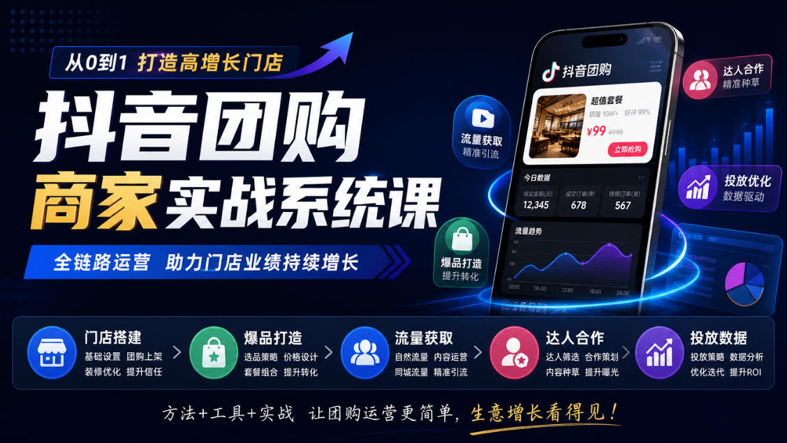 抖音团购商家实战系统课｜门店搭建、爆品打造、流量获取、达人合作、投放数据全链路运营-爱搭资源网