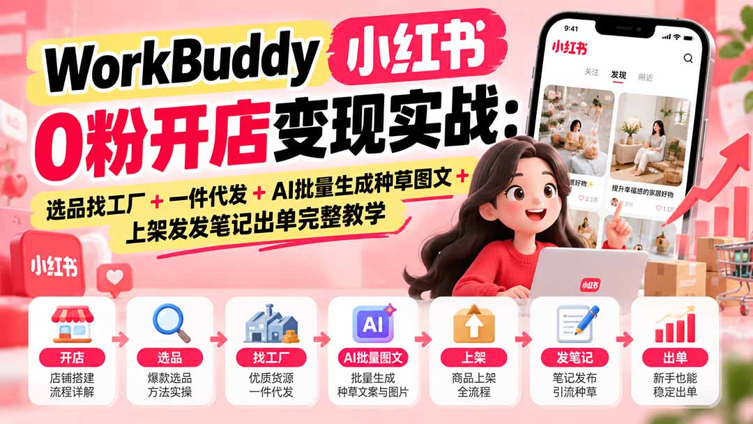 WorkBuddy小红书0粉开店变现实战：选品找工厂+一件代发+AI批量生成种草图文+上架发发笔记出单完整教学-爱搭资源网