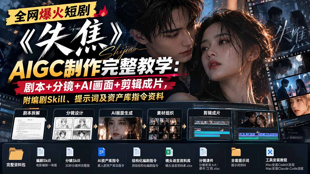 全网爆火短剧《失焦》AIGC制作完整教学：剧本+分镜+AI画面+剪辑成片，附编剧Skill、提示词及资产库指令资料-爱搭资源网