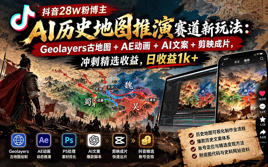 抖音28W粉博主AI历史地图推演赛道新玩法：Geolayers古地图+AE动画+AI文案+剪映成片，冲刺精选收益，日收益1k+-爱搭资源网