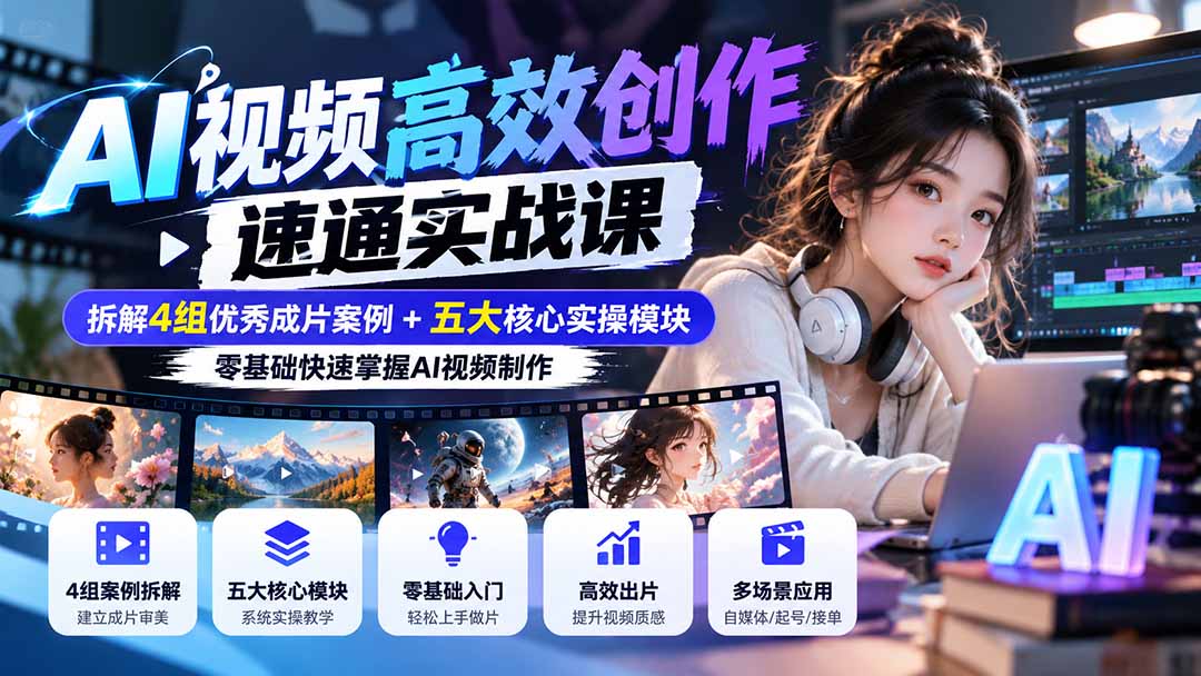 【无水印】AI视频高效创作速通实战课：拆解4组优秀成片案例+五大核心实操模块，零基础快速掌握AI视频制作-爱搭资源网