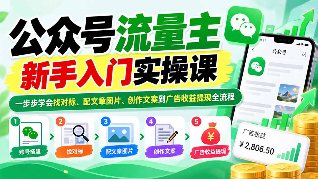 公众号流量主新手入门实操课：一步步学会找对标、配文章图片、创作文案到广告收益提现全流程-爱搭资源网