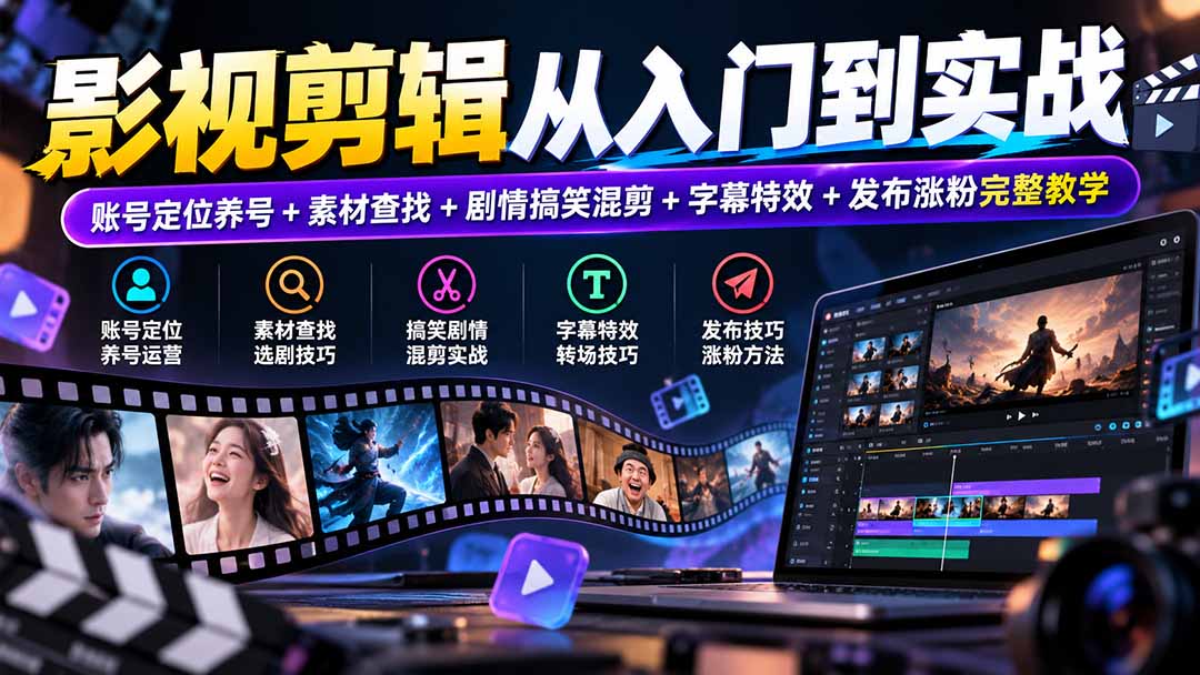 影视剪辑从入门到实战：账号定位养号+素材查找+剧情搞笑混剪+字幕特效+发布涨粉完整教学-爱搭资源网