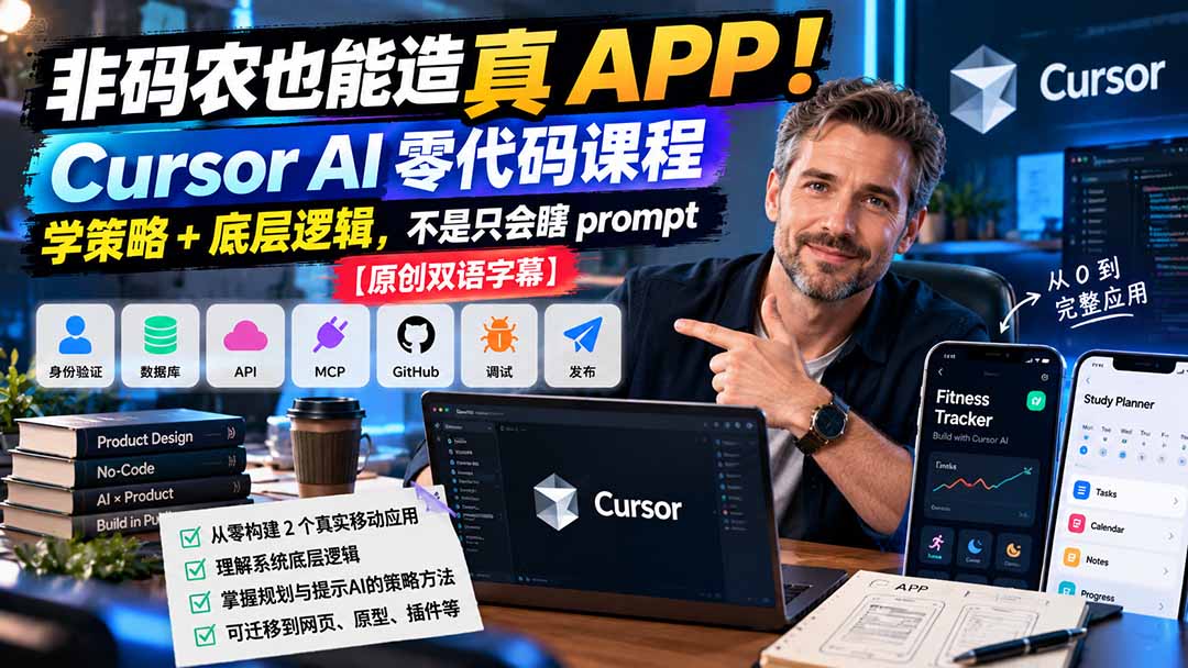 非码农也能造真 APP！Cursor AI 零代码课程：学策略 + 底层逻辑，不是只会瞎 prompt【原创双语字幕】-爱搭资源网