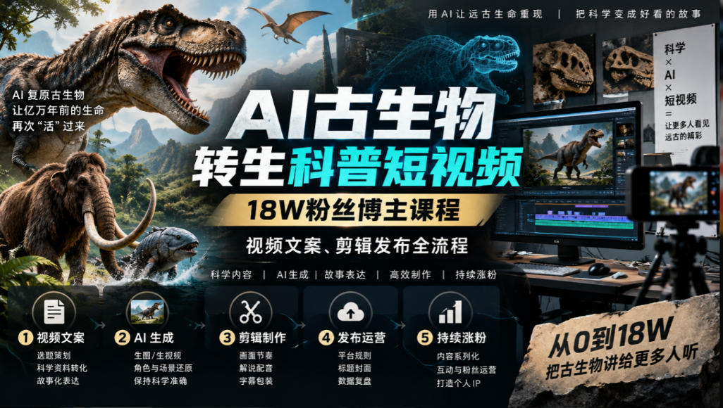 AI古生物转生科普短视频，18W粉丝博主课程，视频文案、剪辑发布全流程-爱搭资源网