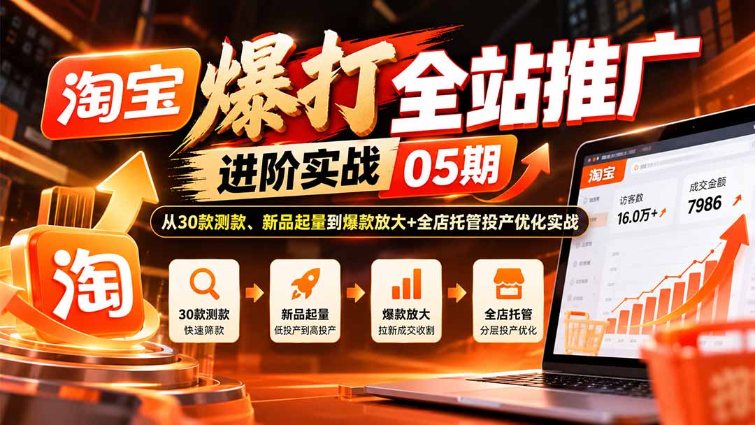 淘宝爆打全站推广进阶实战05期：从30款测款、新品起量到爆款放大+全店托管投产优化实战-爱搭资源网
