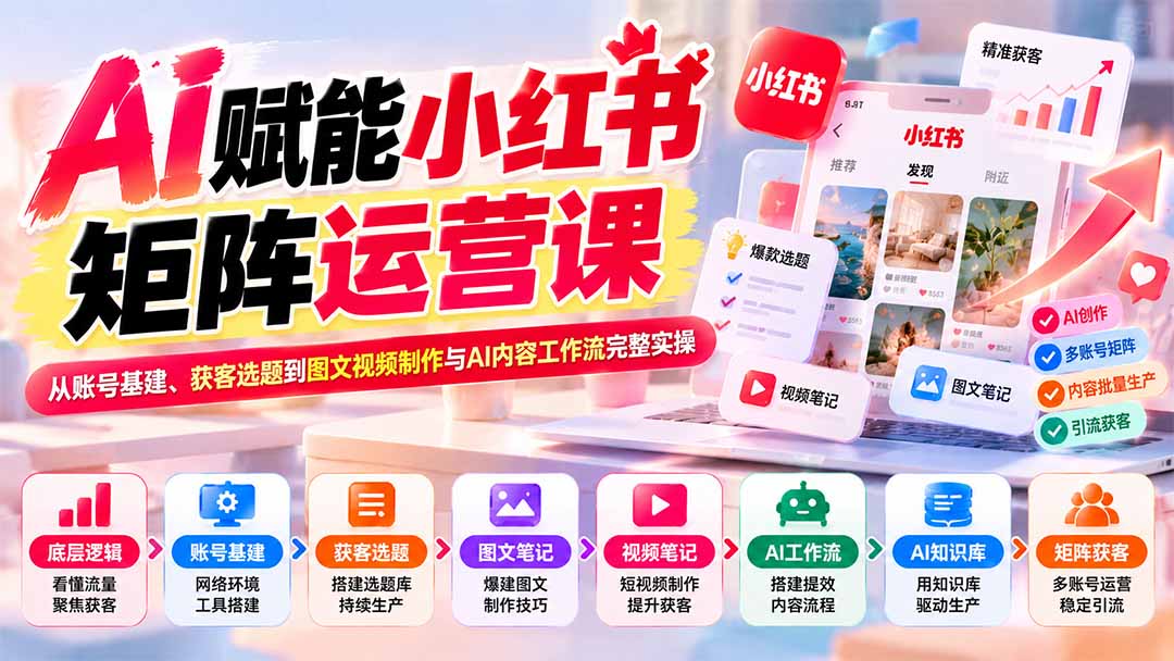 AI赋能小红书矩阵运营课：从账号基建、获客选题到图文视频制作与AI内容工作流完整实操-爱搭资源网