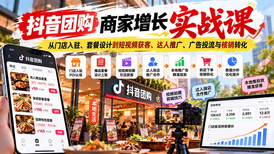 抖音团购商家增长实战课：从门店入驻、套餐设计到短视频获客、达人推广、广告投流与核销转化-爱搭资源网