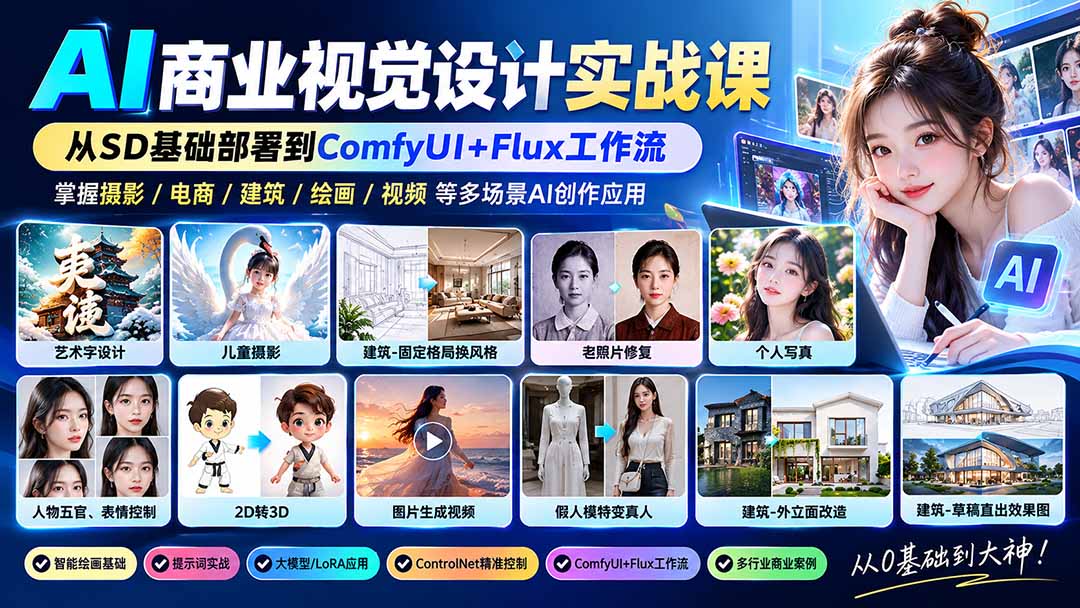 【无水印】AI商业视觉设计实战课：从SD基础部署到ComfyUI+Flux工作流，掌握摄影电商建筑AI创作-爱搭资源网