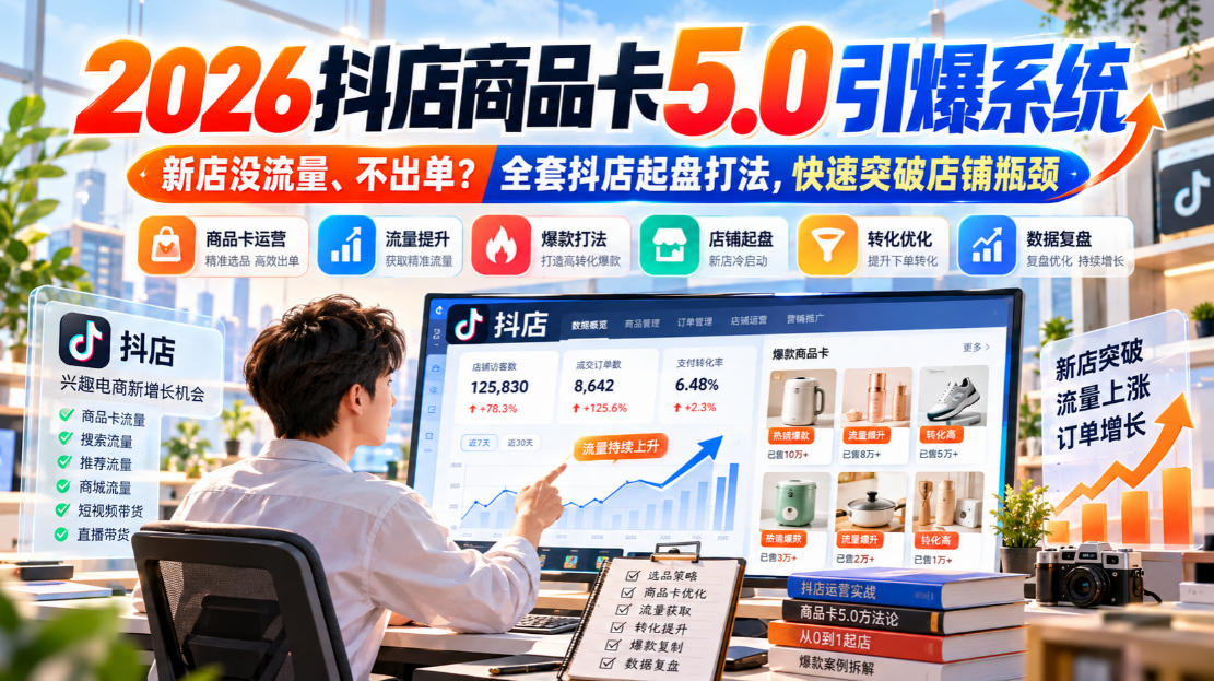 2026抖店商品卡5.0引爆店铺流量，新店没流量、不出单？全套抖店起盘打法，快速突破店铺瓶颈-爱搭资源网