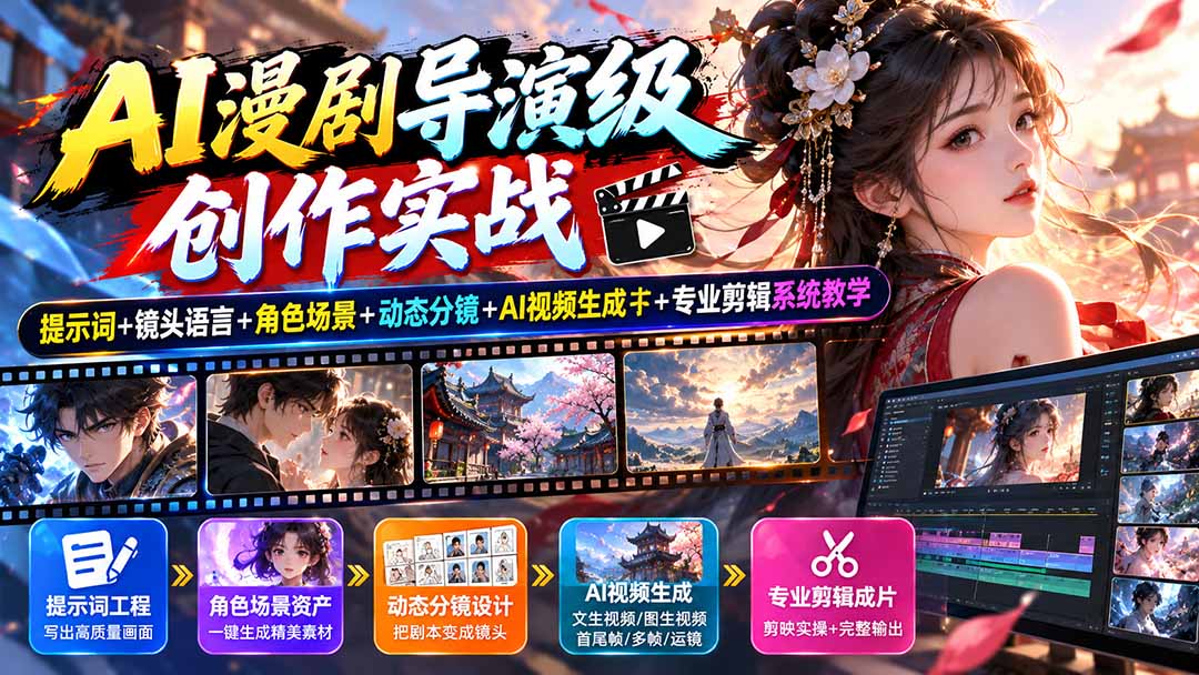 AI漫剧导演级创作实战：提示词+镜头语言+角色场景+动态分镜+AI视频生成+专业剪辑系统教学-爱搭资源网