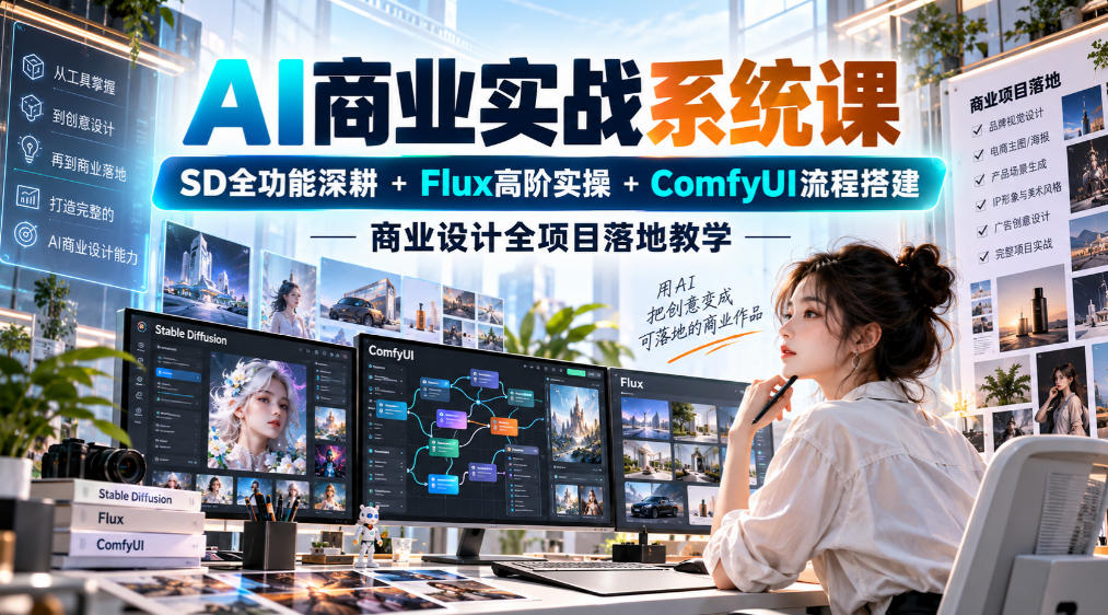 AI商业实战系统课｜SD全功能深耕+Flux高阶实操+Comfyui流程搭建，商业设计全项目落地教学-爱搭资源网