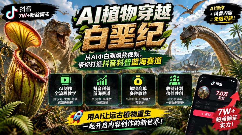 抖音7W粉丝博主的AI植物穿越白垩纪教学，抖音科普蓝海赛道，解锁商单收徒伙伴计划等多种收益-爱搭资源网
