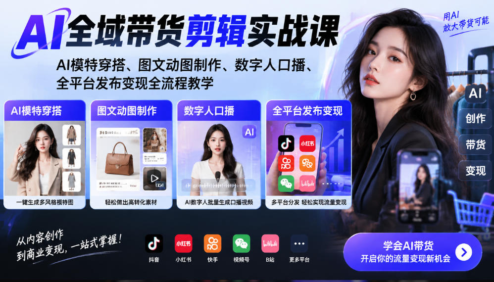 AI全域带货剪辑实战课｜AI模特穿搭、图文动图制作、数字人口播、全平台发布变现全流程教学-爱搭资源网