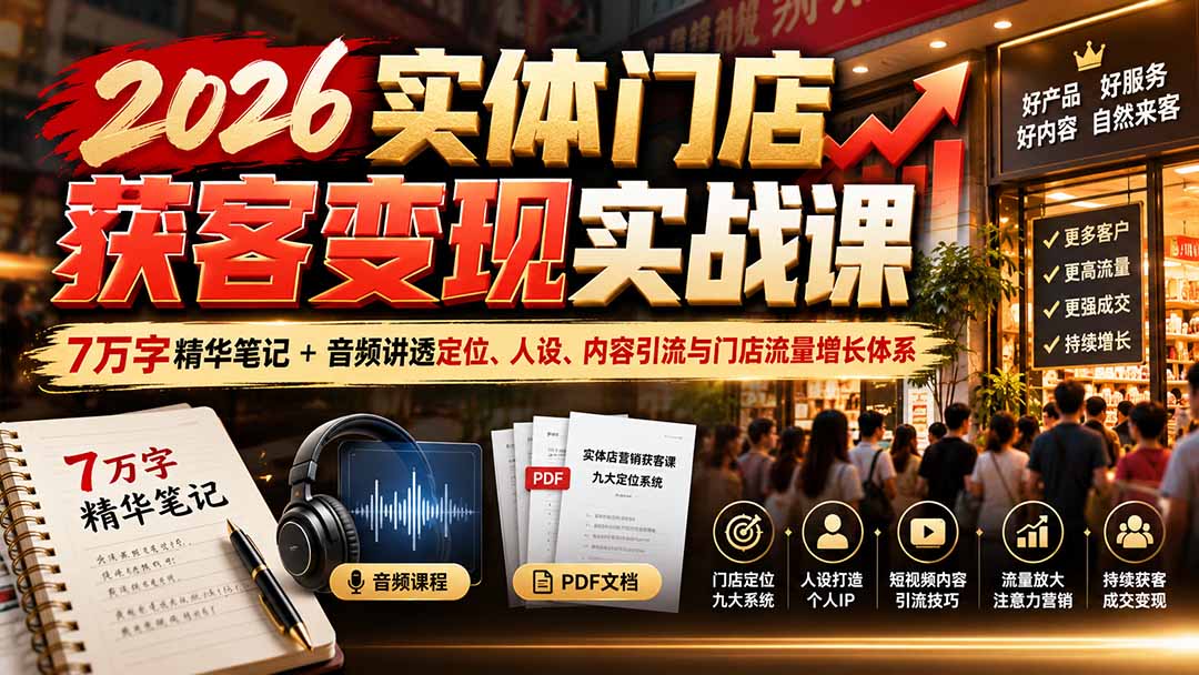 2026实体门店获客变现实战课：7万字精华笔记+音频讲透定位、人设、内容引流与门店流量增长体系-爱搭资源网