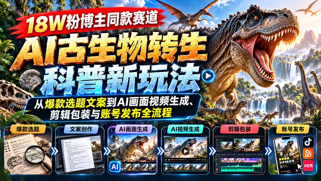 18W粉博主同款赛道-AI古生物转生科普新玩法：从爆款选题文案到AI画面视频生成、剪辑包装与账号发布全流程-爱搭资源网