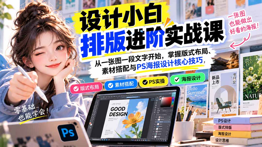 设计小白排版进阶实战课：从一张图一段文字开始，掌握版式布局、素材搭配与PS海报设计核心技巧-爱搭资源网