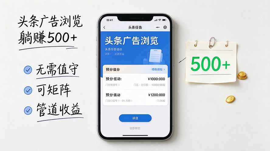 头条广告浏览躺赚500+无需值守，可矩阵并附有管道收益-爱搭资源网