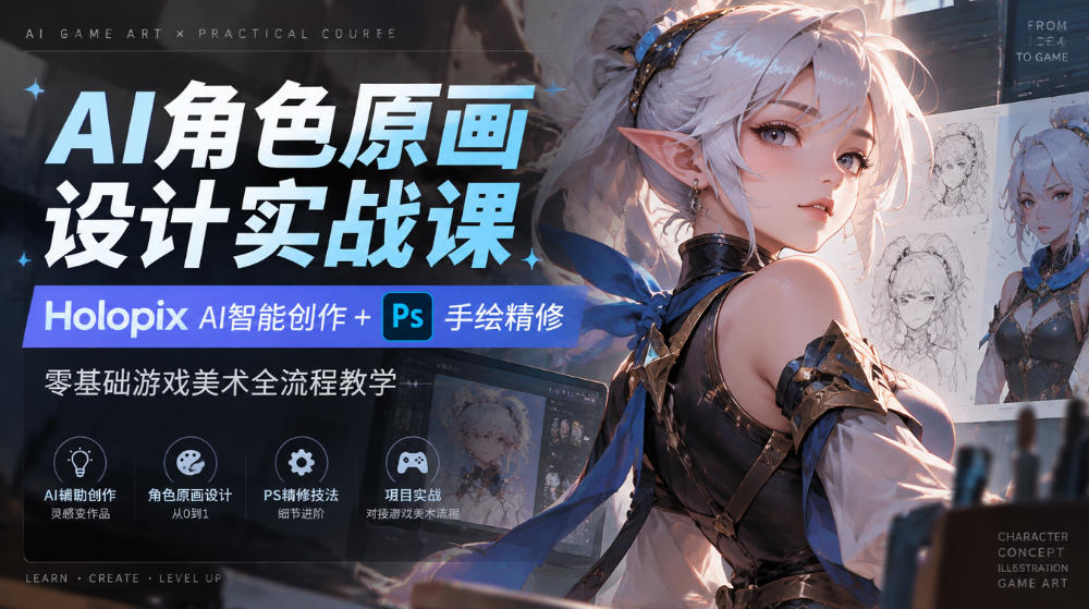 AI角色原画设计实战课｜Holopix AI智能创作+PS手绘精修，零基础游戏美术全流程教学-爱搭资源网