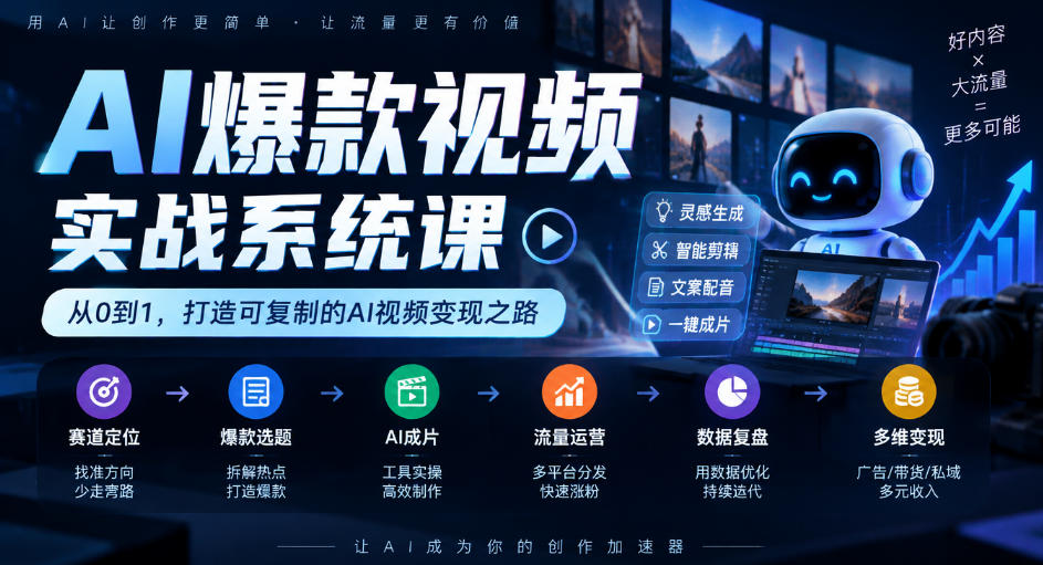 AI爆款视频实战系统课｜赛道定位、爆款选题、AI成片、流量运营、数据复盘、多维变现全链路教学-爱搭资源网