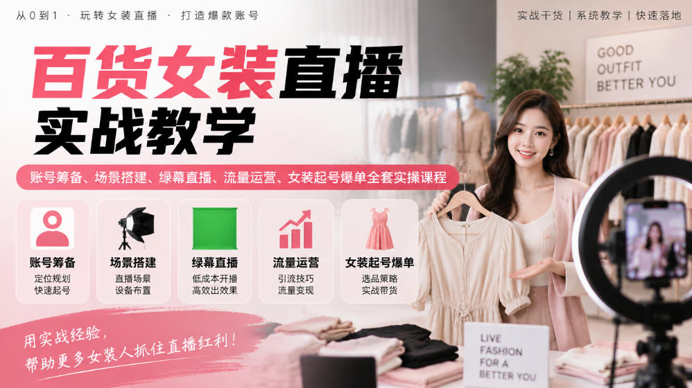 百货女装直播实战教学｜账号筹备、场景搭建、绿幕直播、流量运营、女装起号爆单全套实操课程-爱搭资源网