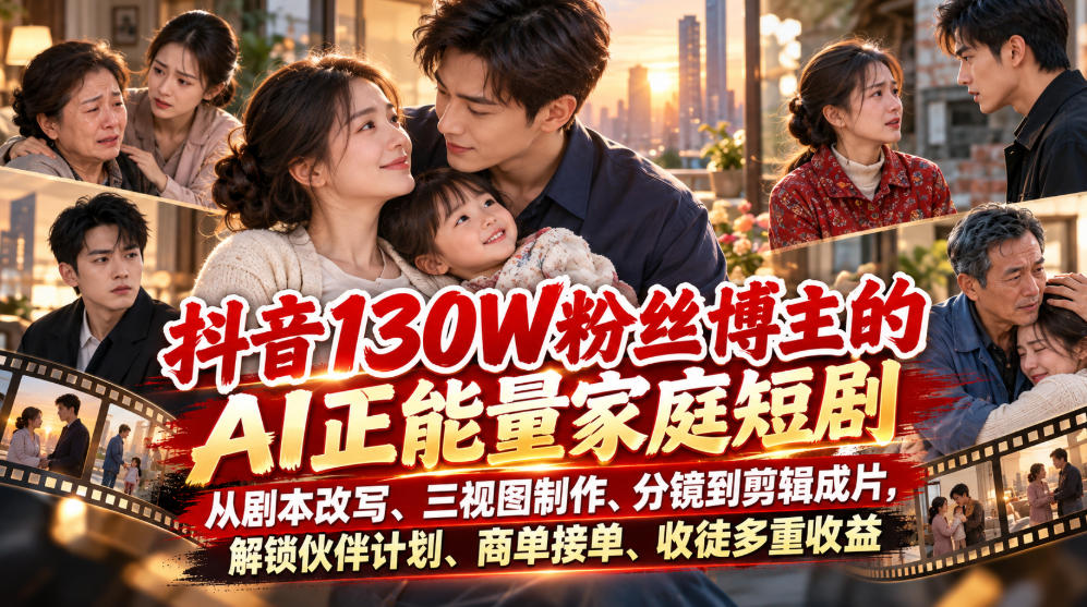 抖音130W粉丝博主的AI正能量家庭短剧，从剧本改写、三视图制作、分镜到剪辑成片，解锁伙伴计划、商单接单、收徒多重收益(更新1007)-爱搭资源网