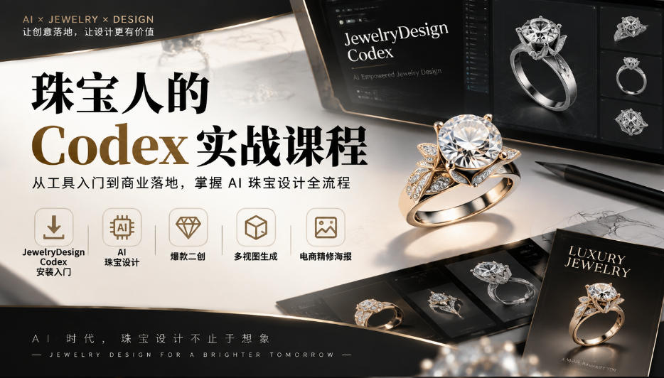 珠宝人的Codex实战课程｜JewelryDesign Codex安装入门、AI珠宝设计、爆款二创、多视图生成、电商精修海报全链路教学-爱搭资源网