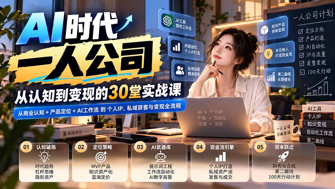 【无水印】AI时代一人公司30堂实战课：从商业认知+产品定位+AI工作流到个人IP、私域获客与变现全流程-爱搭资源网