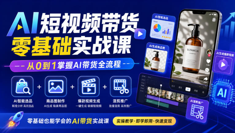 AI短视频带货零基础实战课｜AI智能选品+商品图制作+爆款视频生成+混剪推广，从0到1掌握AI带货全流程-爱搭资源网